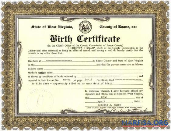 Blank United States Clerk's office of Virginia birth certificate sample